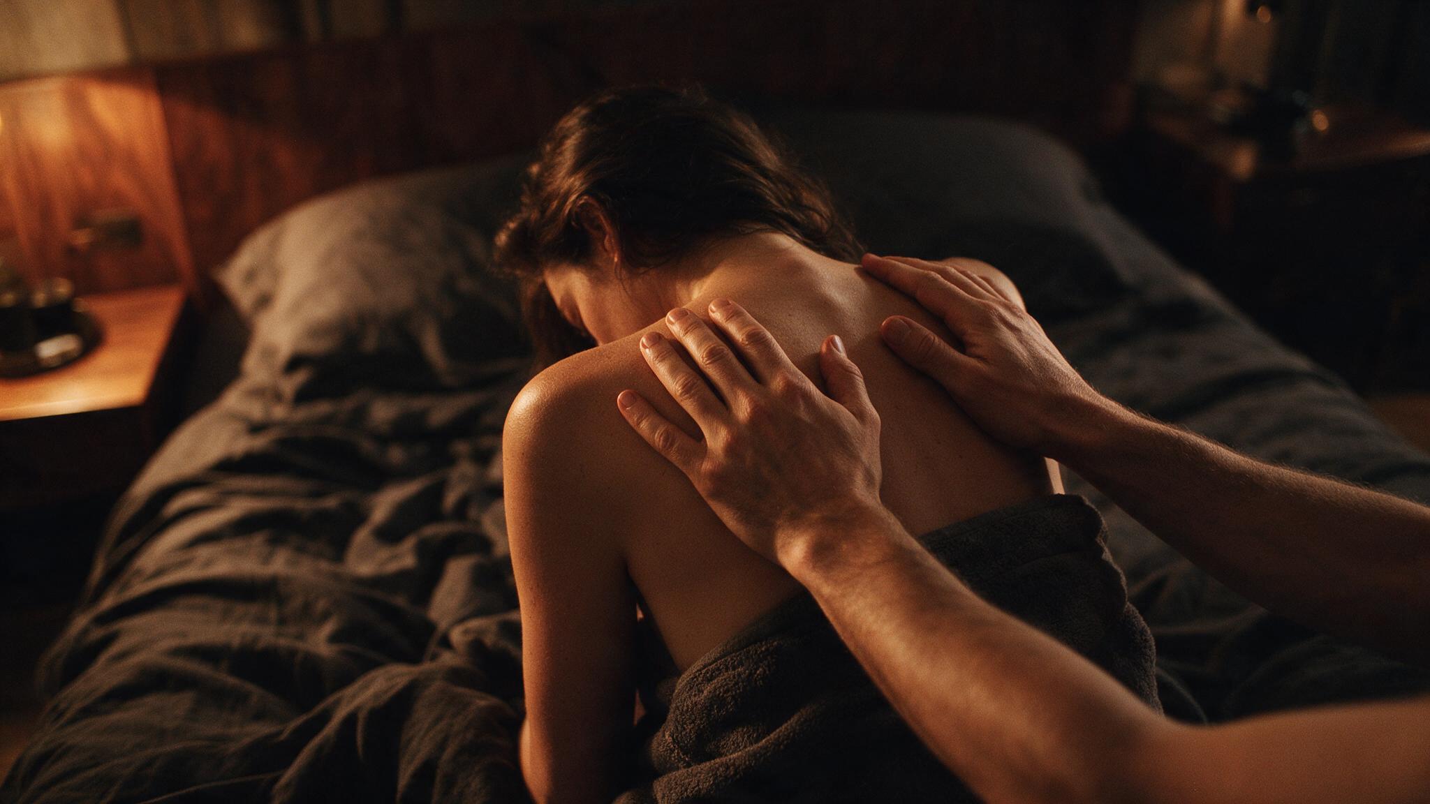A man's hands resting on his wife's shoulders in a warmly lit bedroom